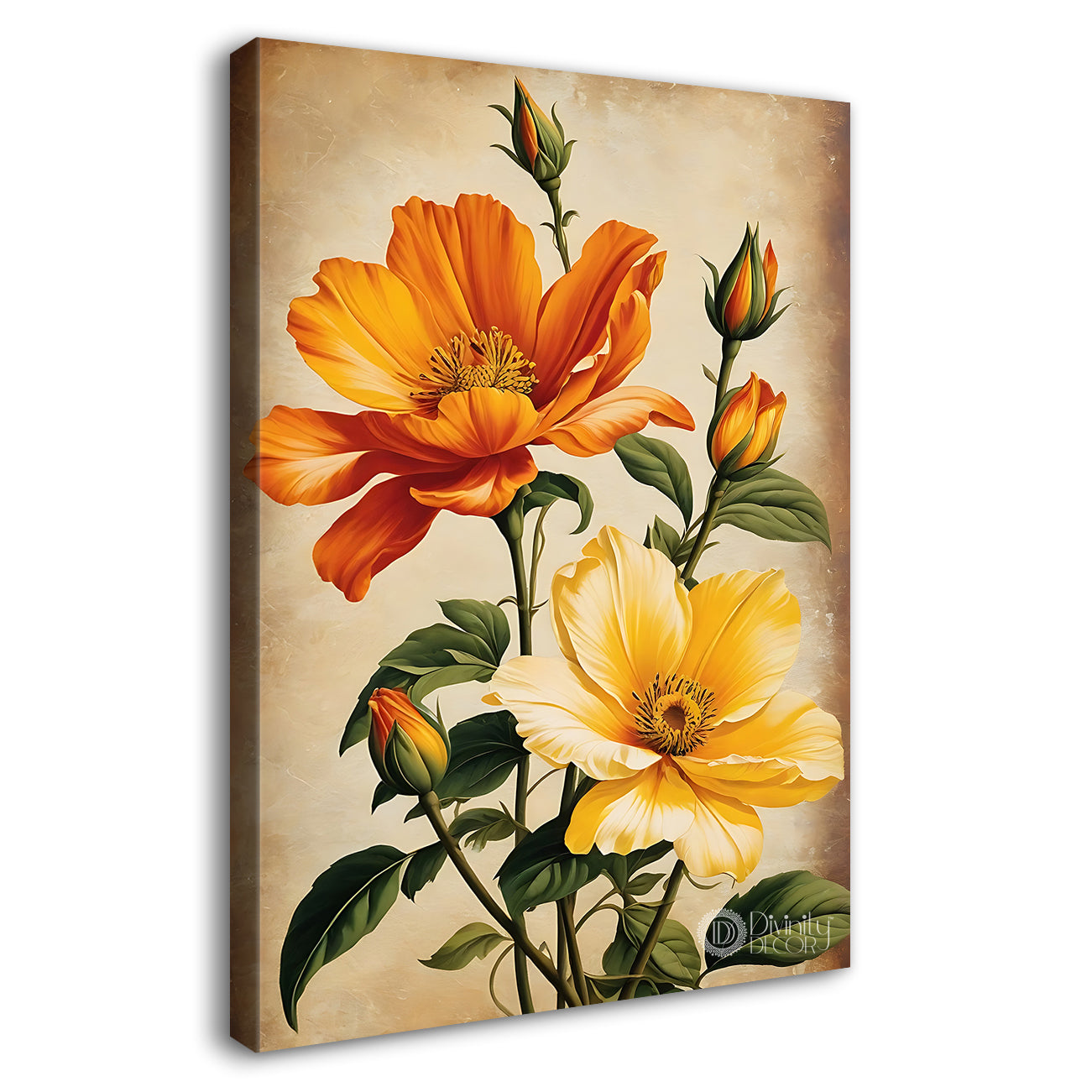Yellow and orange flowers in light textured painting - Flower-V-488