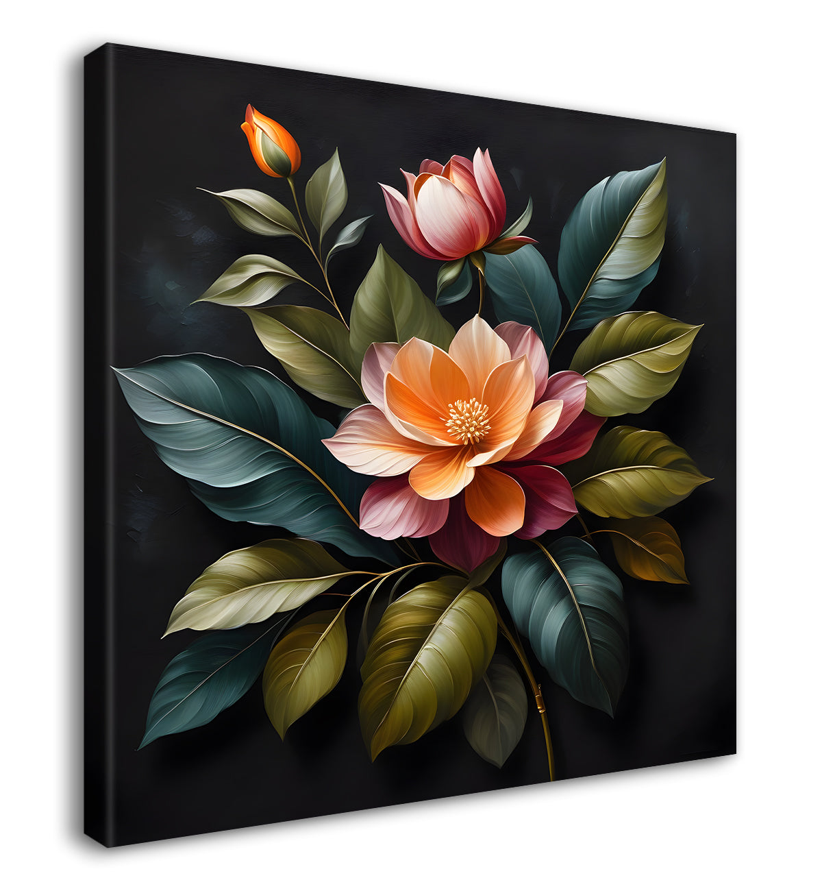 Orange flower in black textured oil painting - Flower-S-488