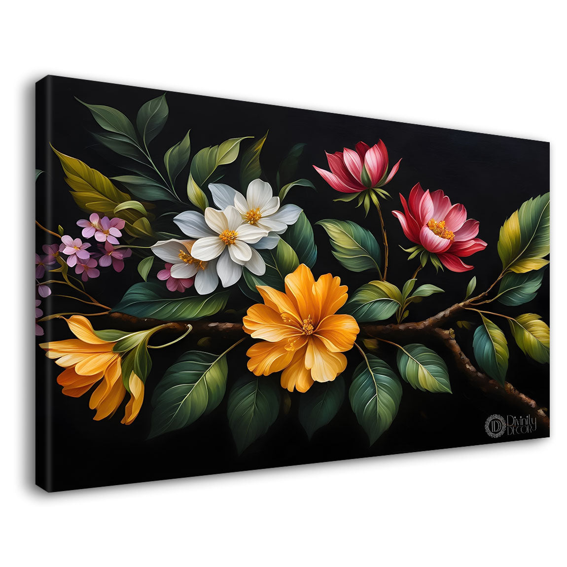 Colorful flowers in black background canvas painting- Flower-488