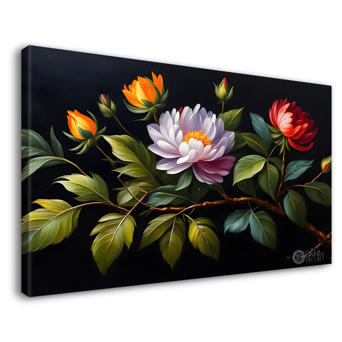 Colorful flowers in black background canvas painting- Flower-489