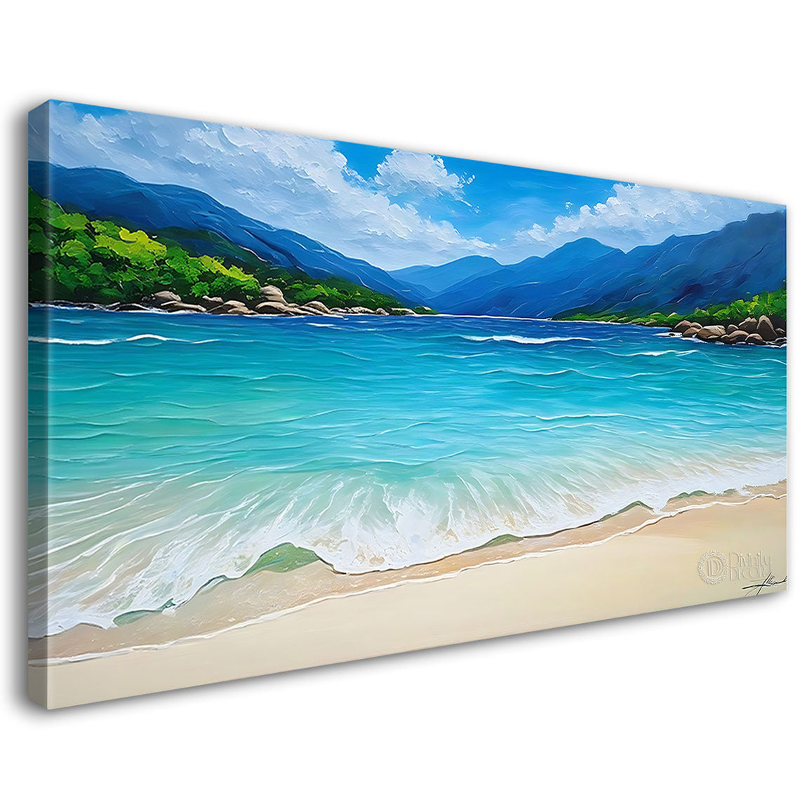 Beach and sea with mountains in textured natural art Canvas Painting - Nature Art -48