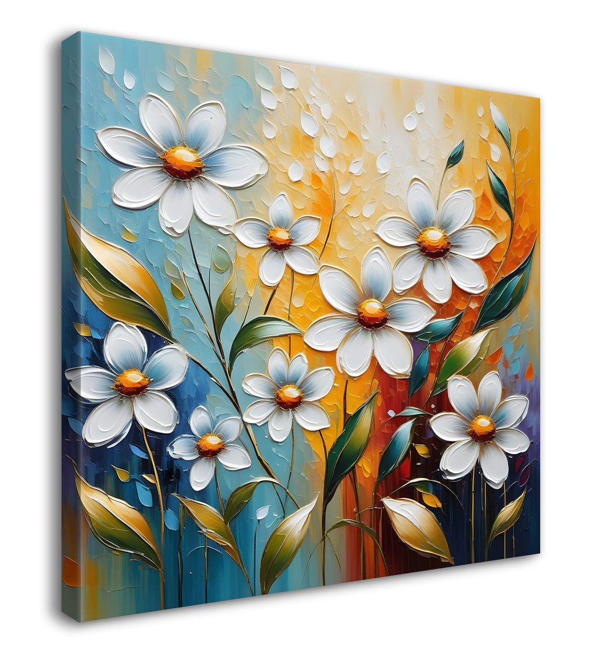 White flowers in colourful background textured painting  - Flower-S-48