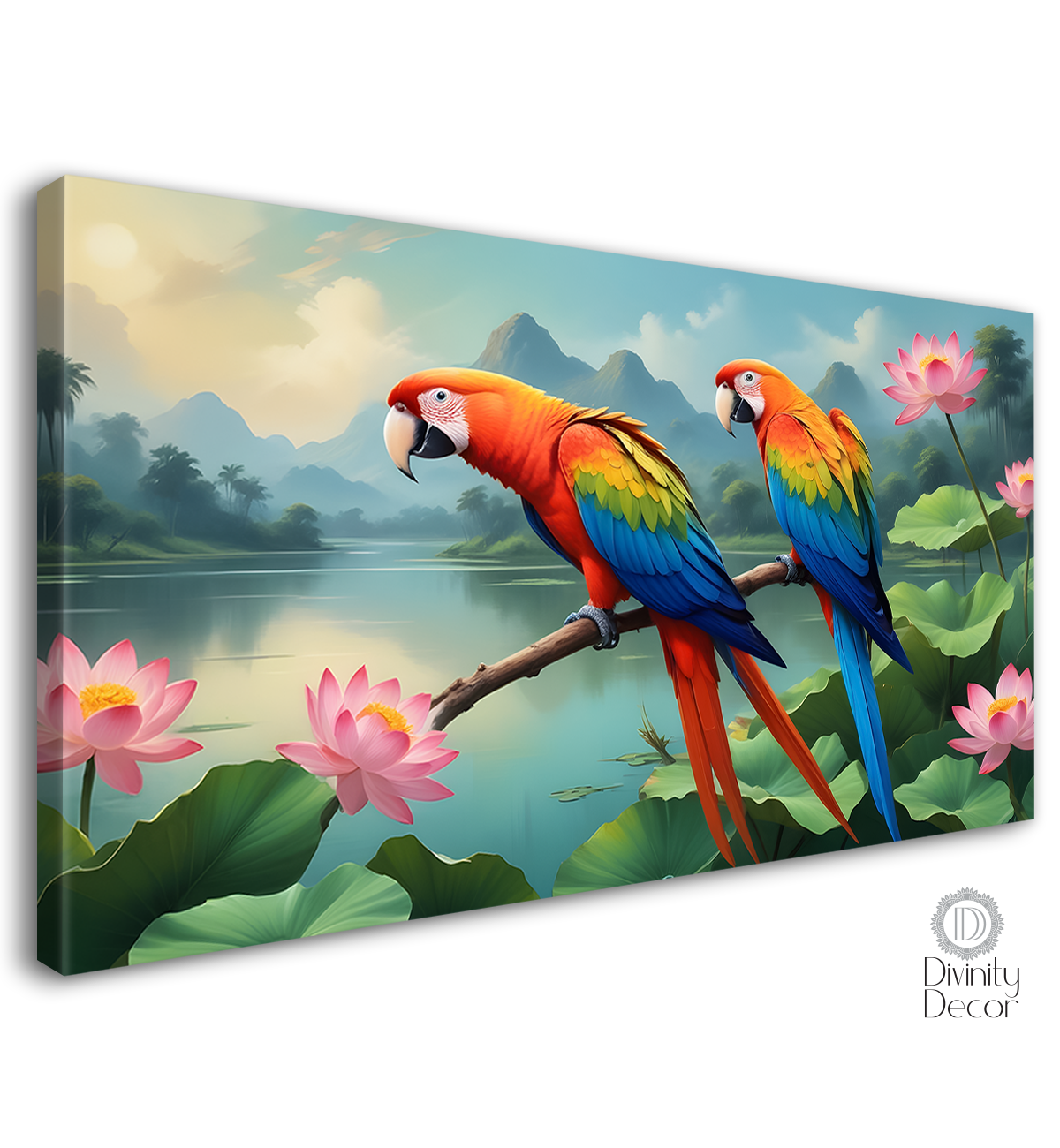 Two parrots with lotus and mountains in light blue background textured art. - Design - Animal - 48