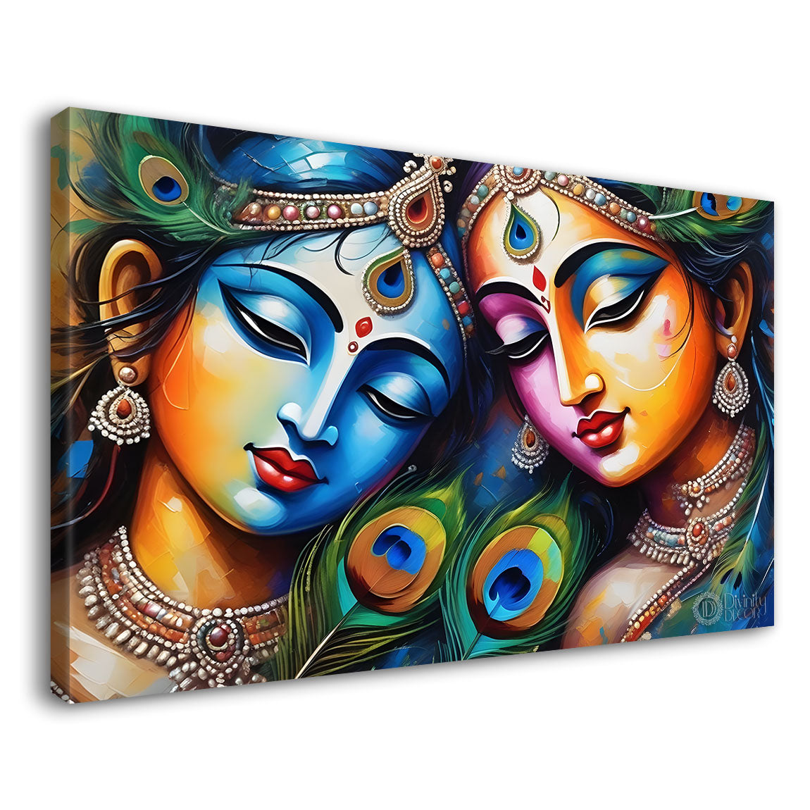 Radha and Krishna face in colors with peacock feathers textured painting Canvas Painting - Design - Krishna-48