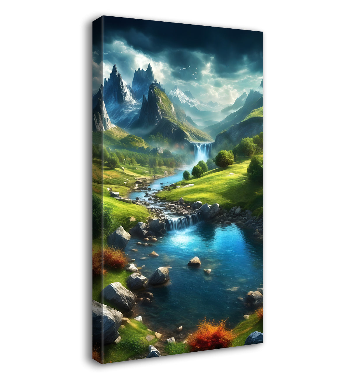 Mountians with greenery and lake with flowers texttured painting Canvas Painting - Nature Art -V-48
