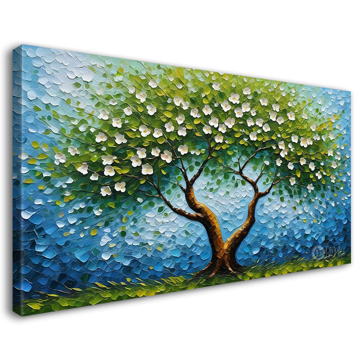 White flower tree in textured background oil painting Canvas Painting - Design - Tree-48