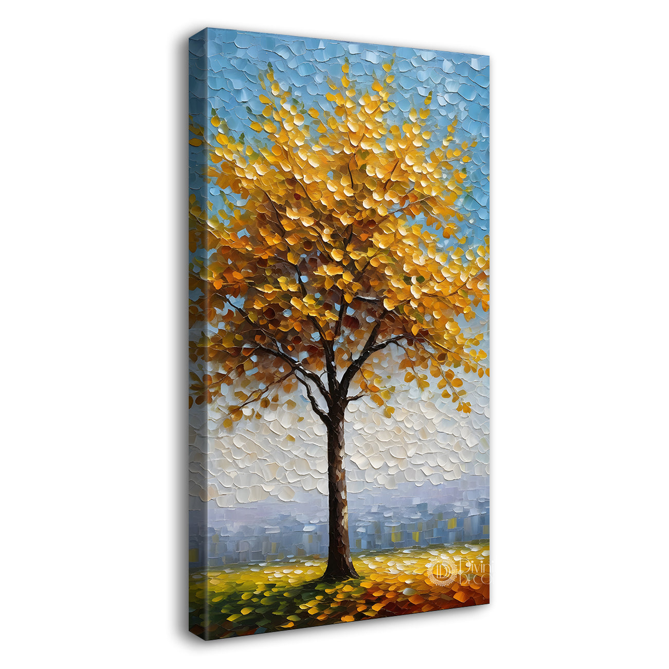 White flowers tree in textured oil painting Canvas painting - Tree-V-48