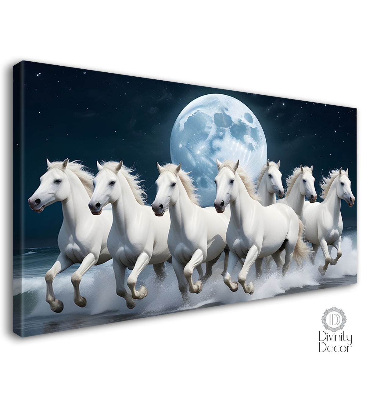 White running horses with moon in dark textured background art Canvas Painting - Design - Horse-49