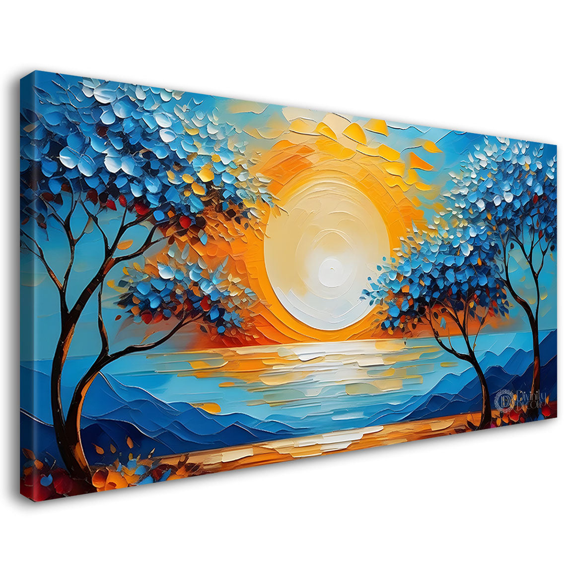 Sunset with river flowers painting Canvas Painting - Nature Art -490