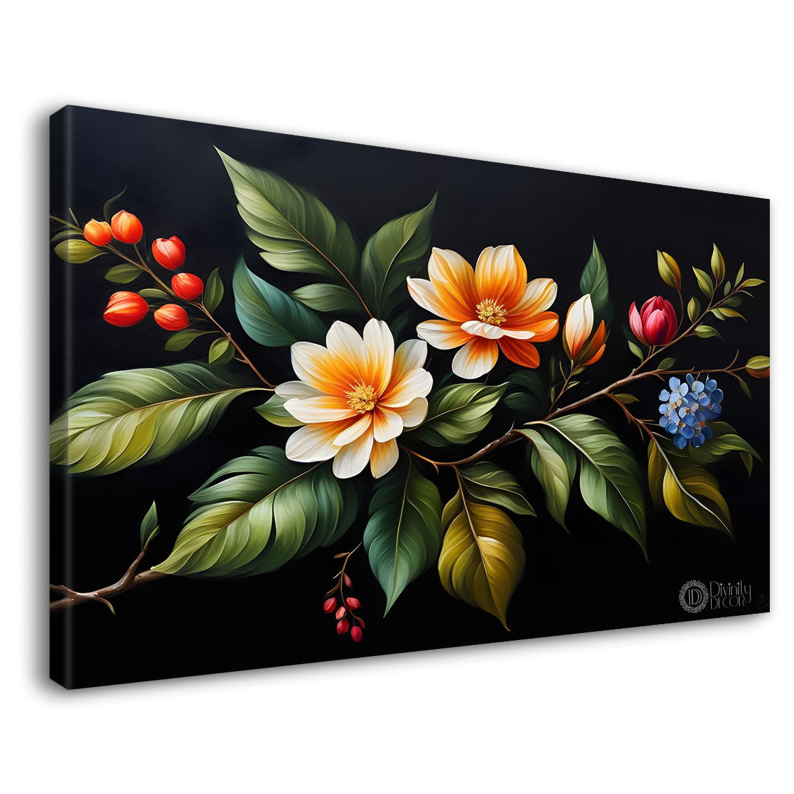 Colorful flowers in black background canvas painting- Flower-490