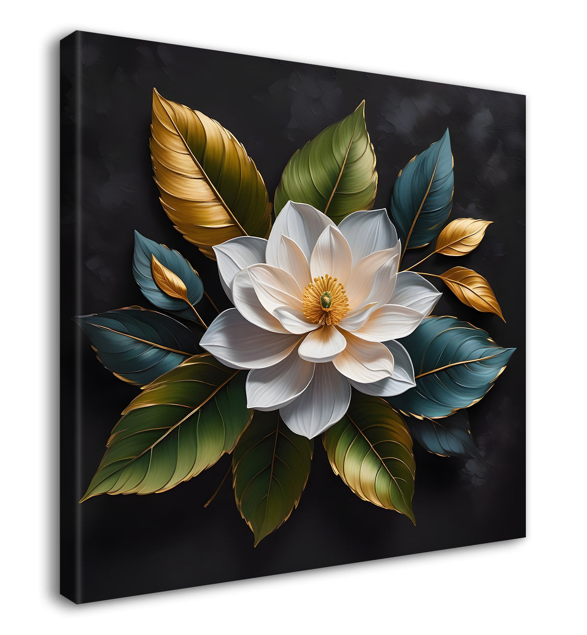 White flower in black textured oil painting - Flower-S-490