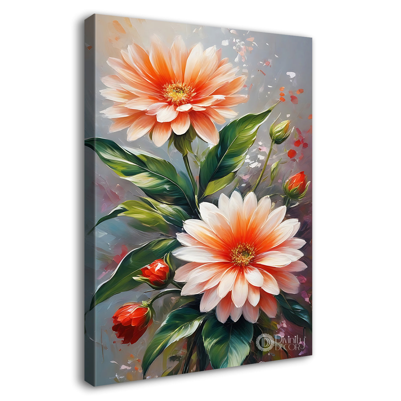 Pink flowers in grey textured painting- Flower-V-490