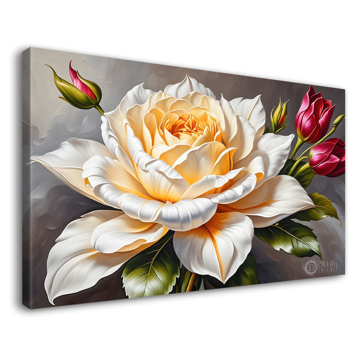 White flower in grey background canvas painting- Flower-491