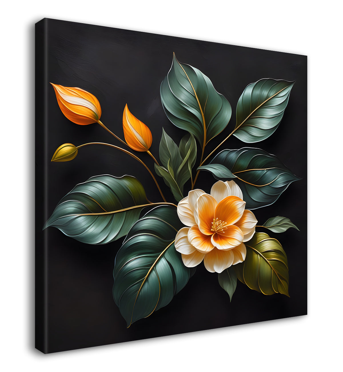 Orange flower in black textured oil painting - Flower-S-491