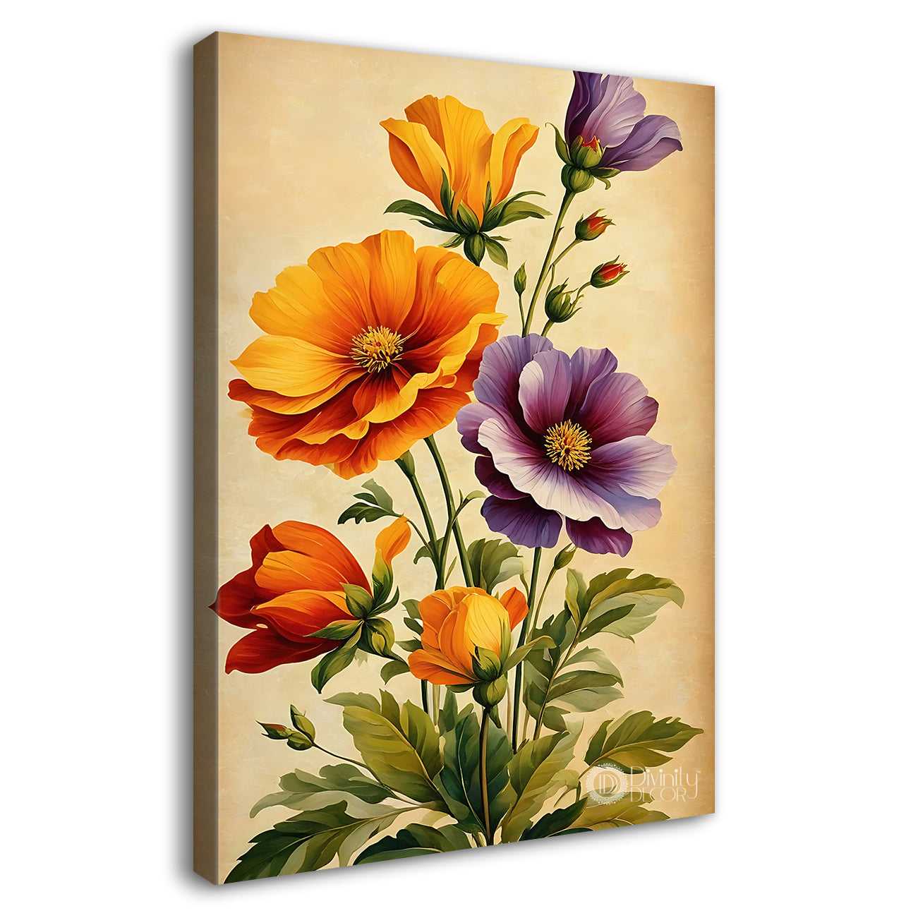 Colourful flowers  in light brown textured art- Flower-V-491