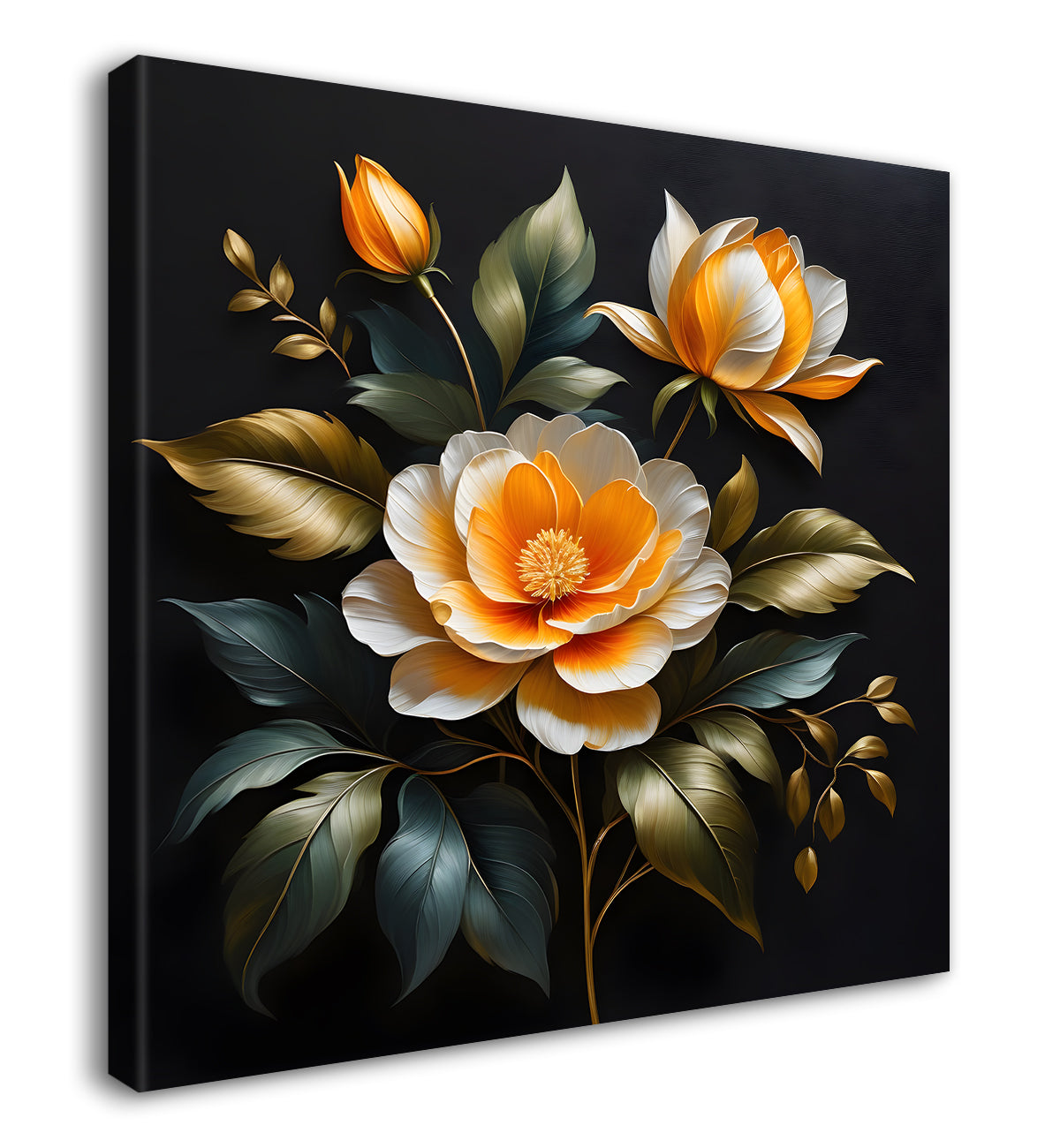 Orange flower in black textured oil painting - Flower-S-492