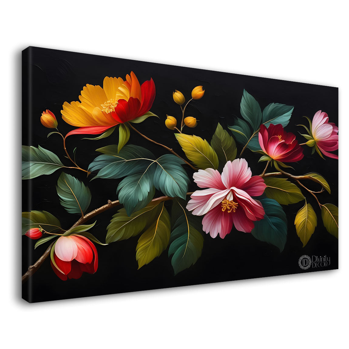 Colorful flowers in black background canvas painting- Flower-493