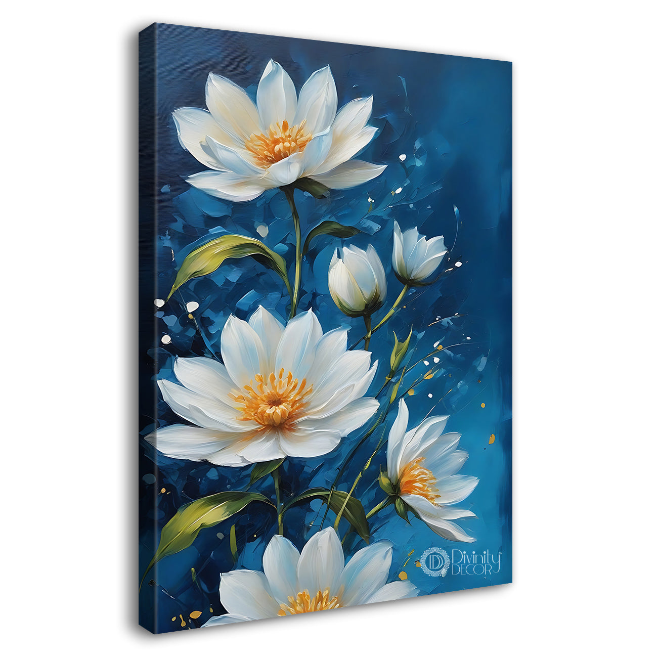White flowers in navy blue background painting - Flower-V-494