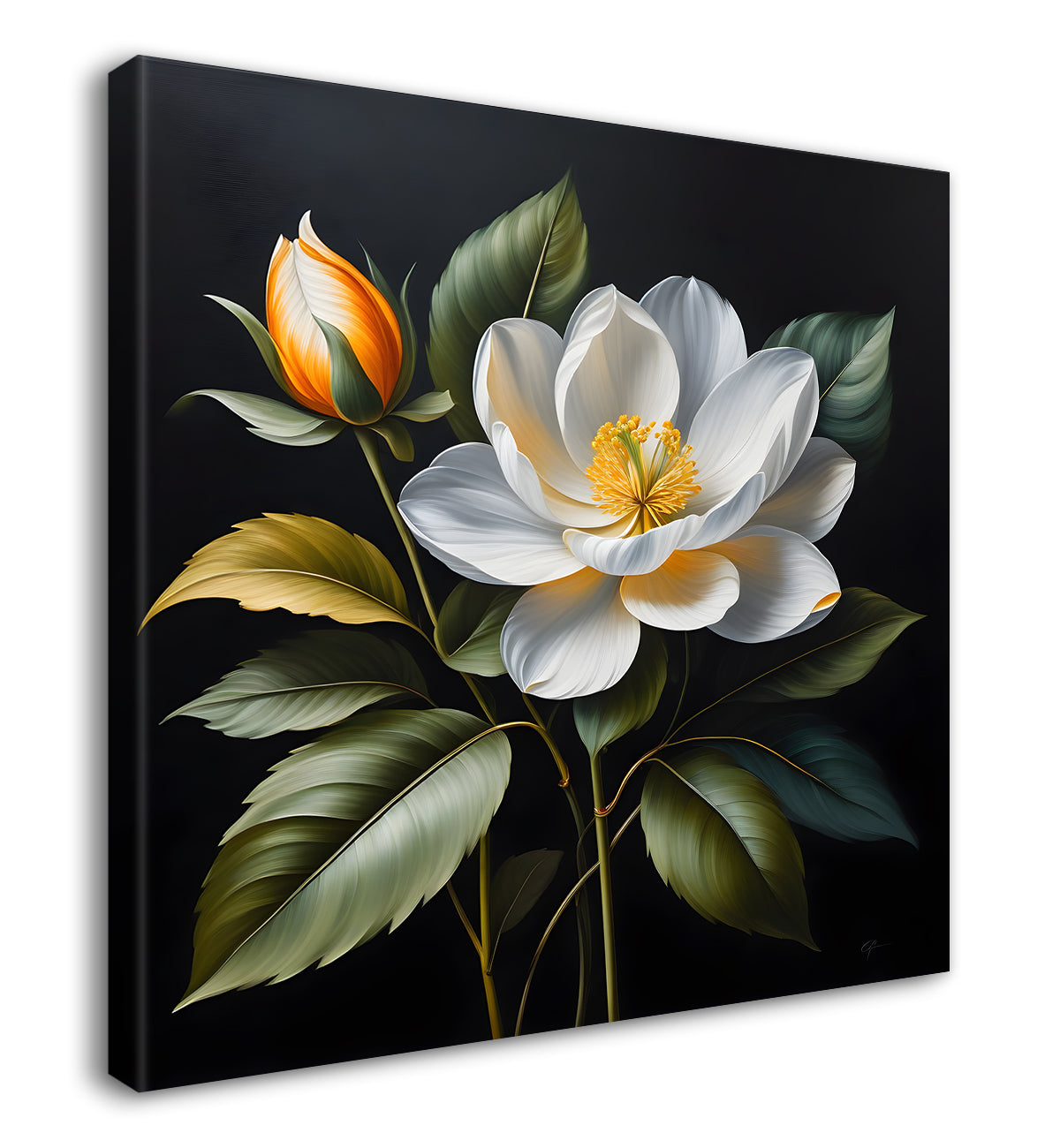 White flower in black textured oil painting  - Flower-S-494