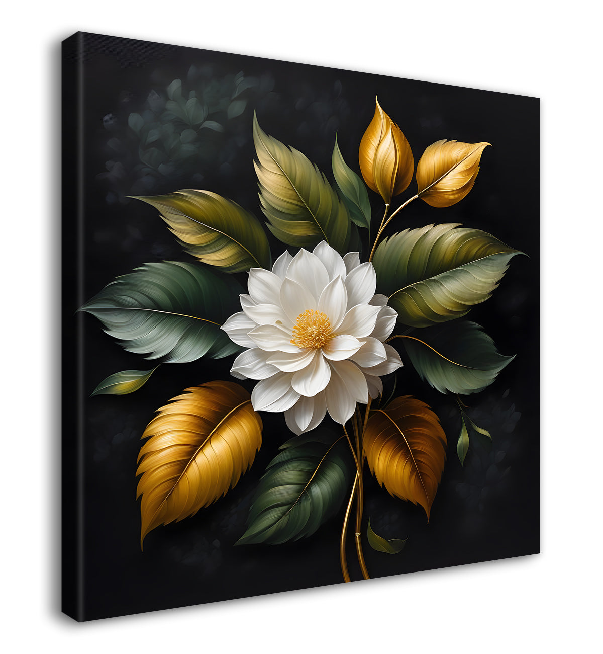 White flower in black textured oil painting - Flower-S-495