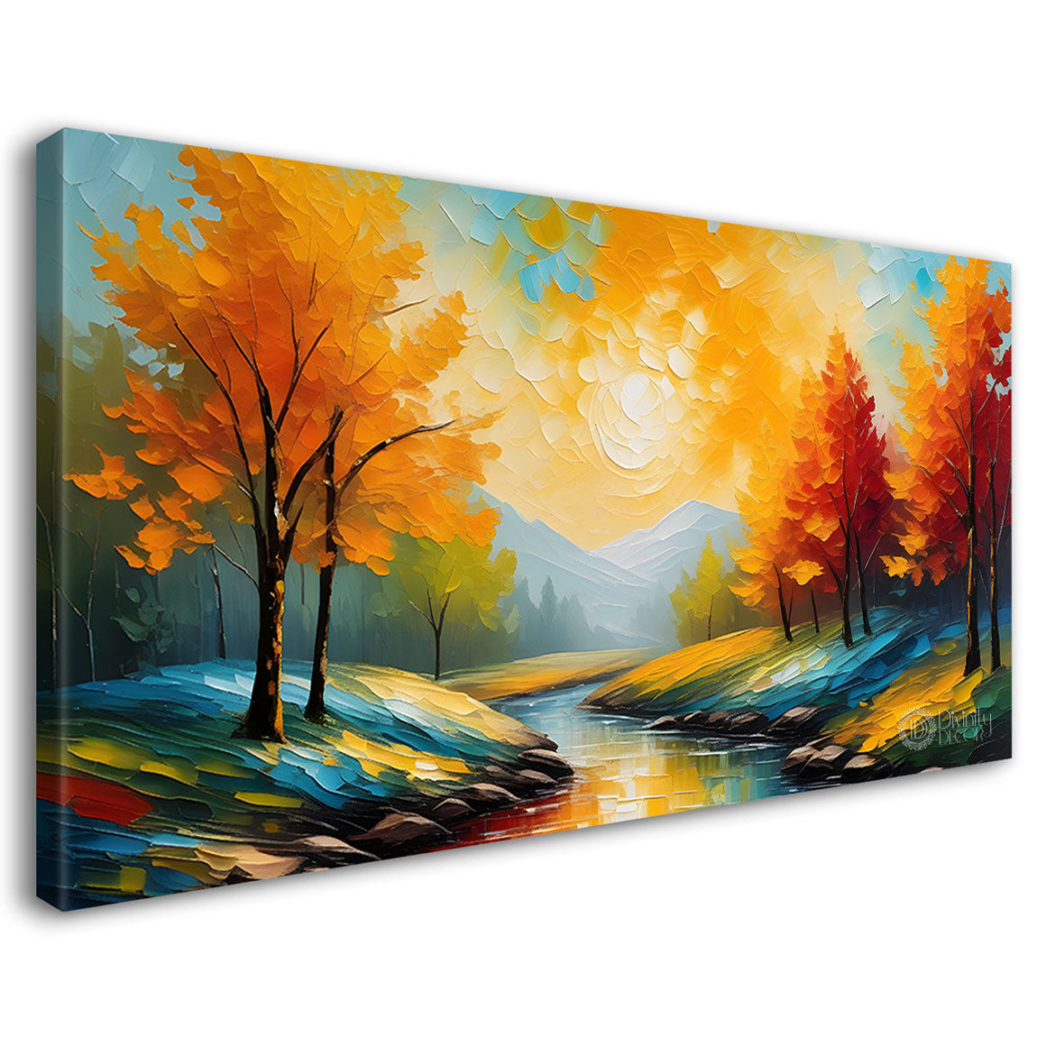 Orange trees with river painting art Canvas Painting - Nature Art -495