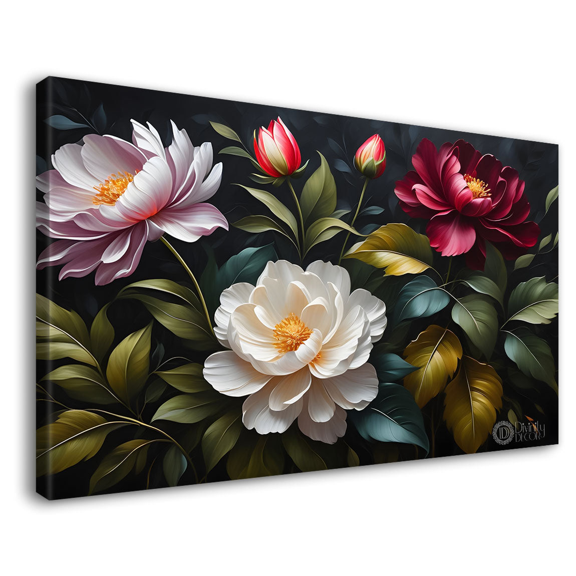 Colorful flowers in black background canvas painting- Flower-495