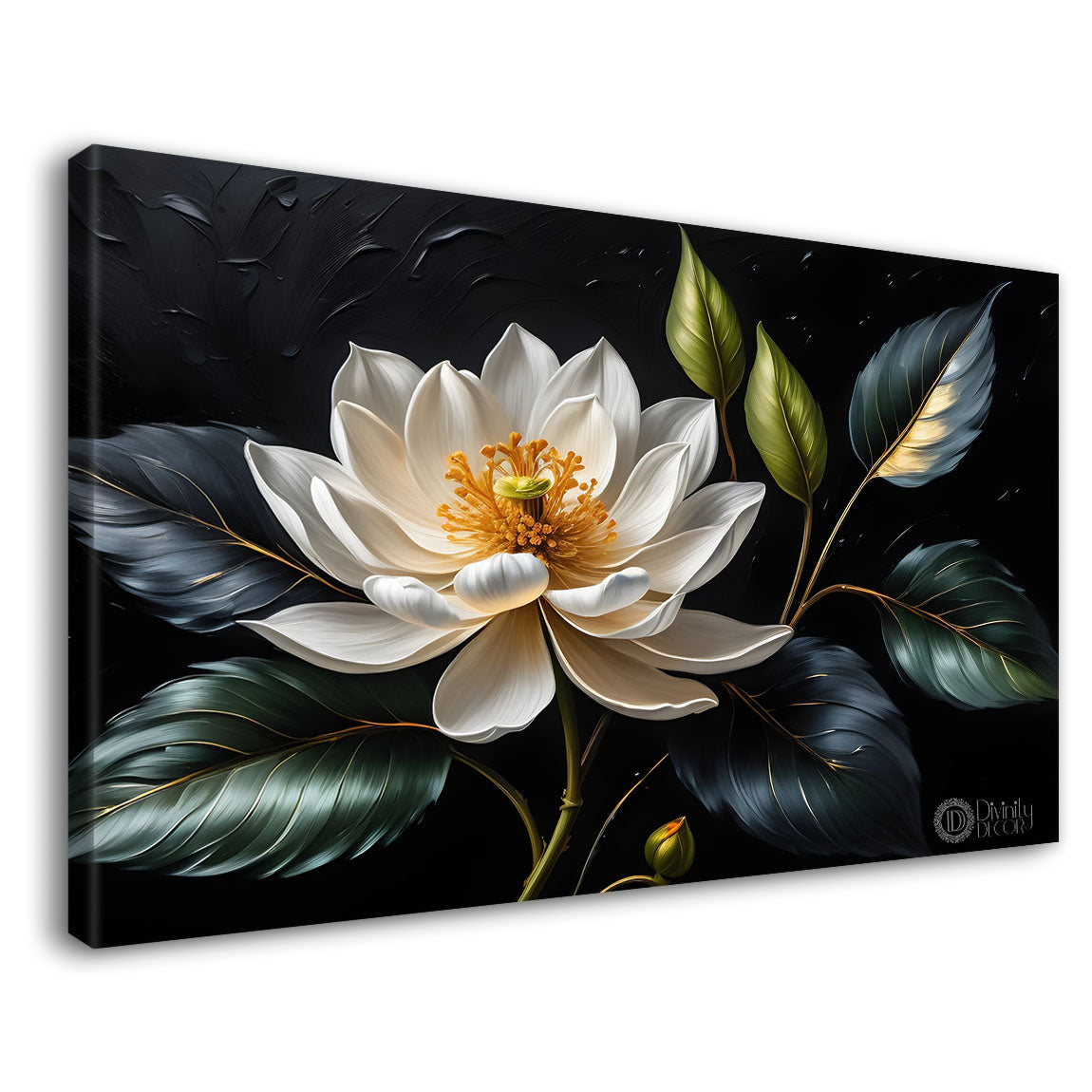 White flowers in black background canvas painting- Flower-496