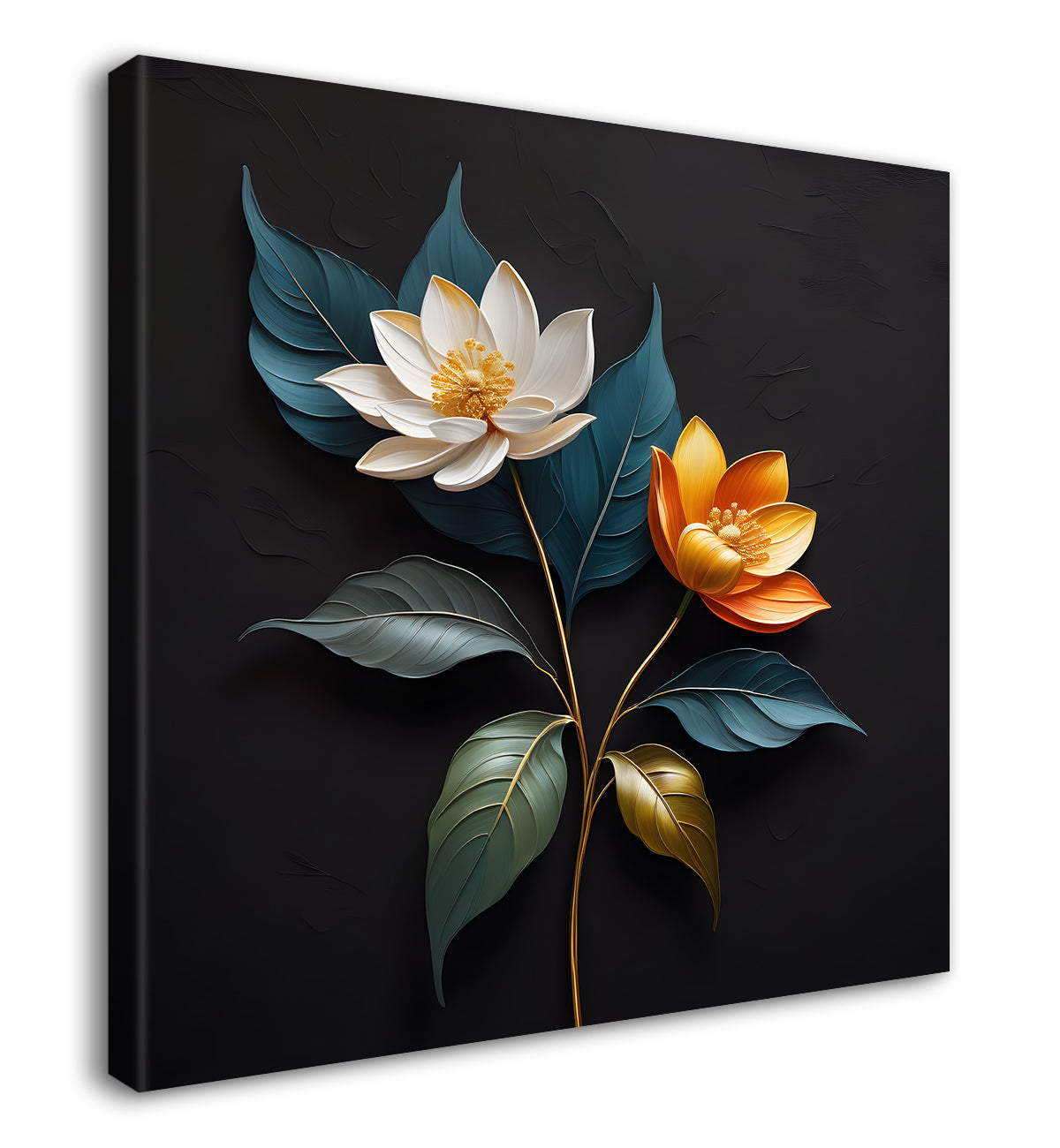 White and orange flowers in black textured oil painting - Flower-S-497