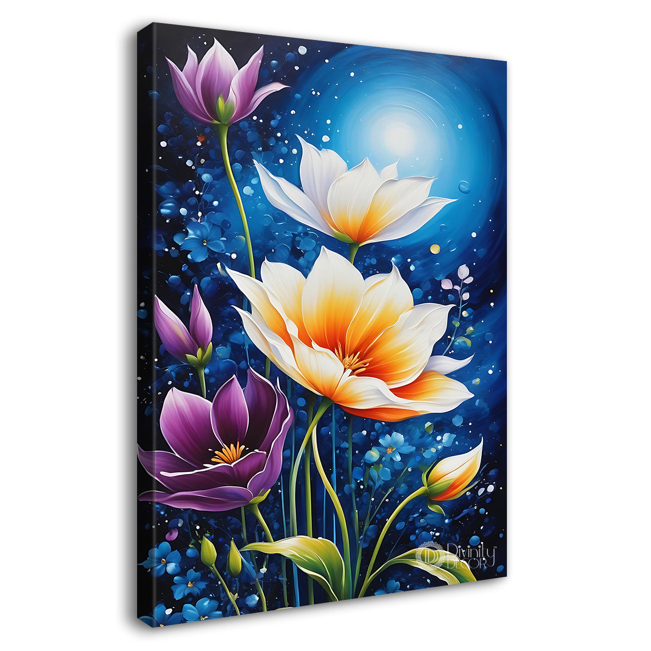 White flowers in navy blue background painting - Flower-V-497