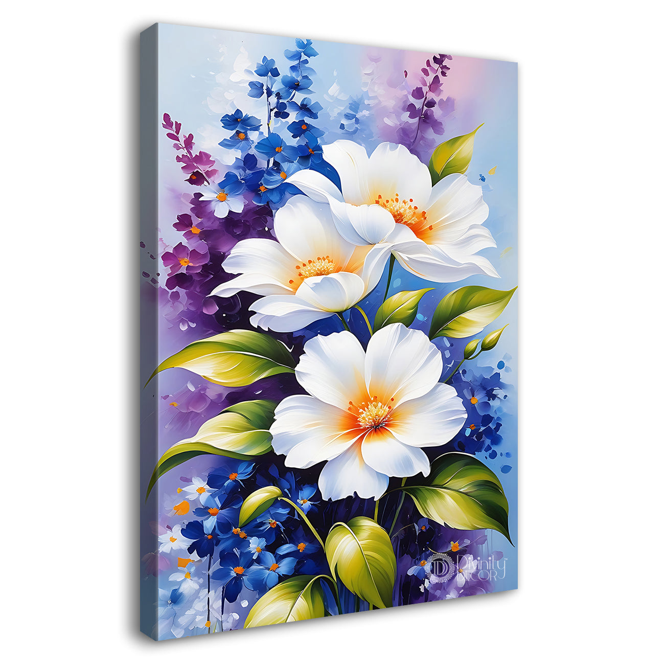 White flowers in sky blue textured painting - Flower-V-498