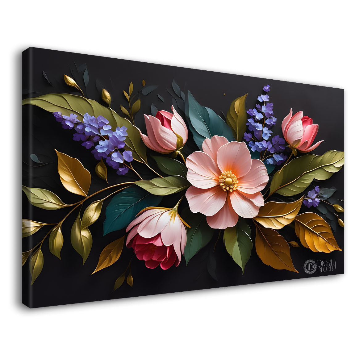 Pink flowers in black background canvas painting- Flower-499