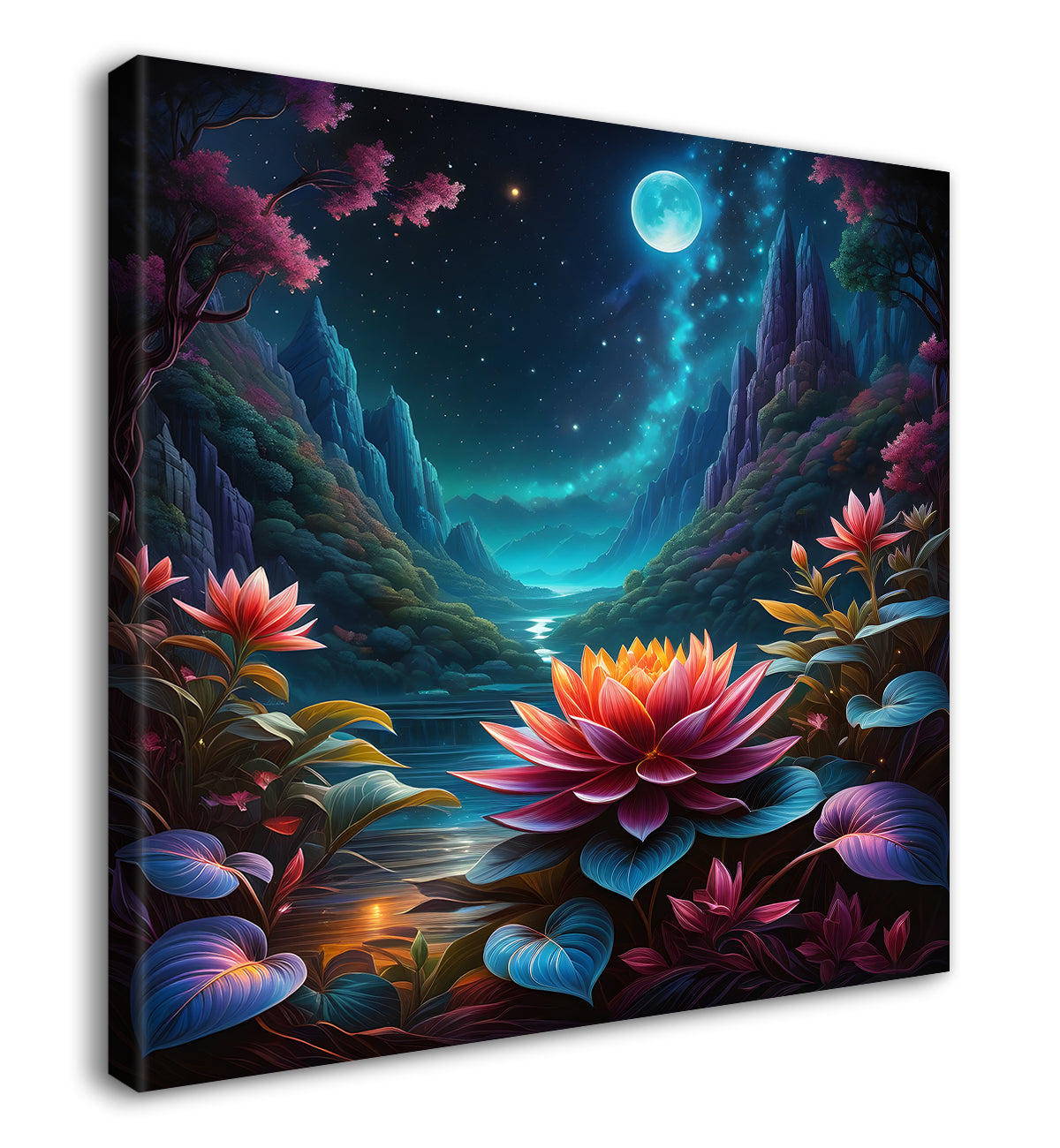 Flowers in the mountains with moon in beautiful textured painting - Flower-S-499
