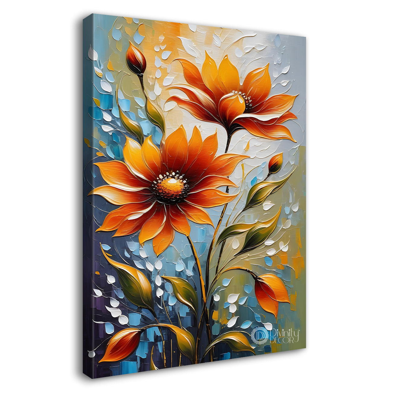Orange flowers in blue textured background painting - Flower-V-49
