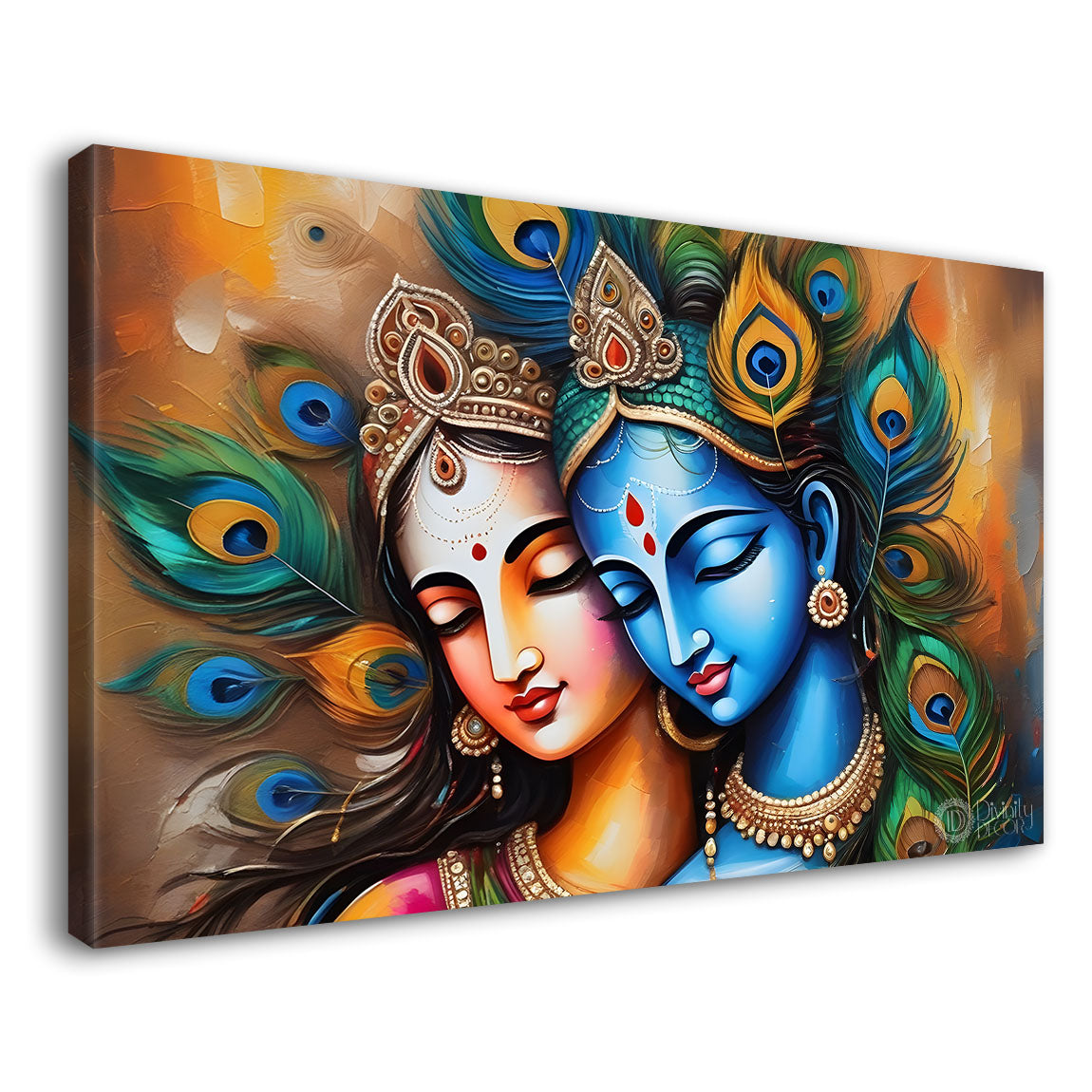 Radha and Krishna face in colors with peacock feathers textured painting Canvas Painting - Design - Krishna-49