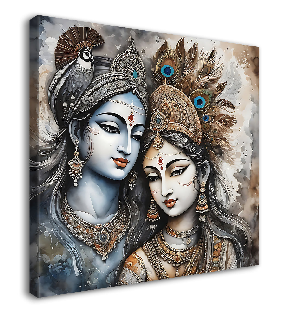 Krishna and Radha with grey and brown textured oil  Canvas Painting 24X24- Design - Krishna-S-49