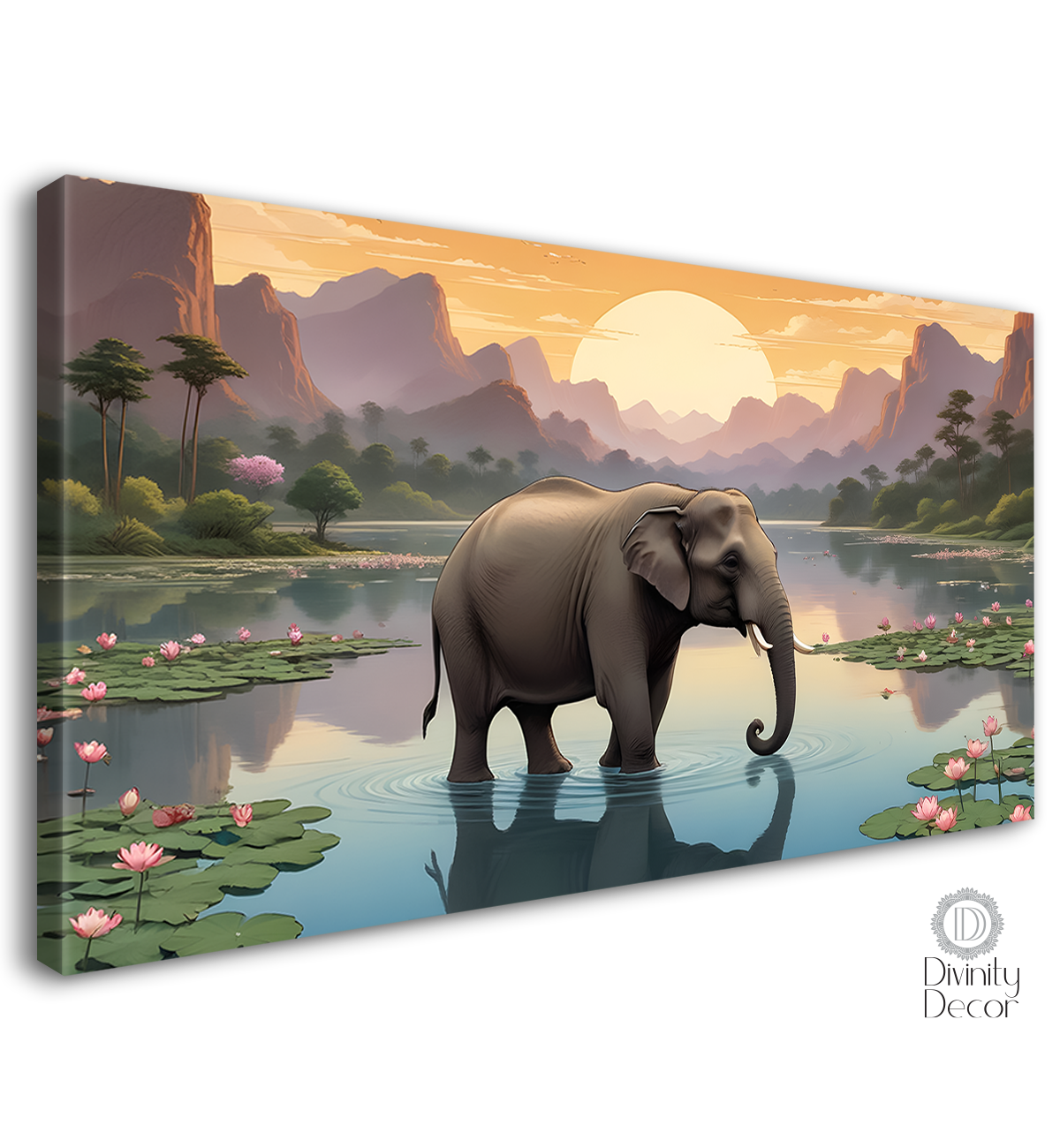 Elephant with river and mountains in sunrise textured art. - Design - Animal - 49