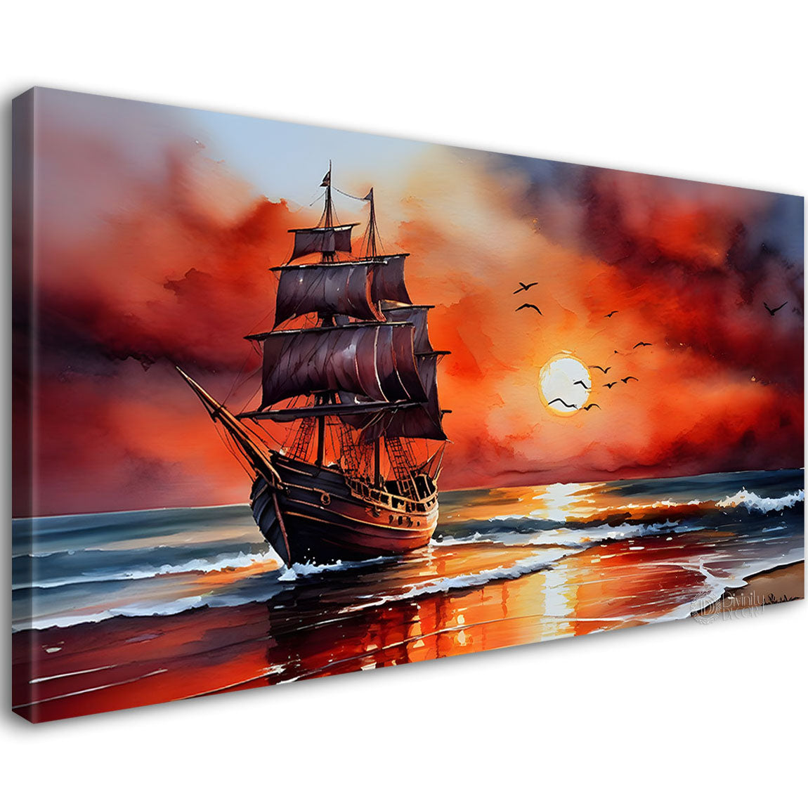 Ship in the sea with sunrise background textured modern art canvas painting - Design - River-49