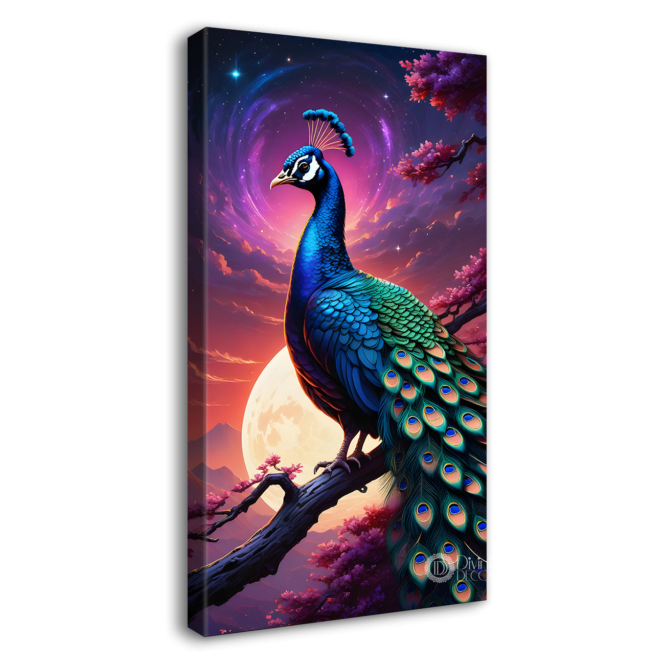 Peacock on branch in front of moon with purple background modern art painting  - Design - Peacock-V-49