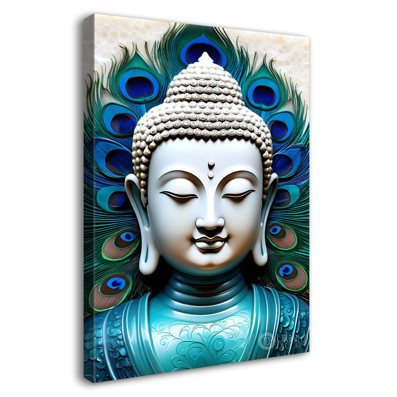 White buddha face with peacock feathers background textured painting - Buddha-V-49