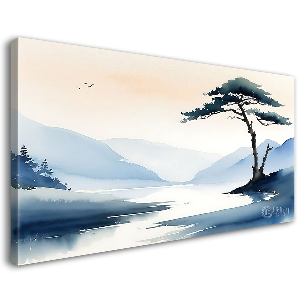 Mountains with lake and tree in textured water color painting Canvas Painting - Nature Art - 4