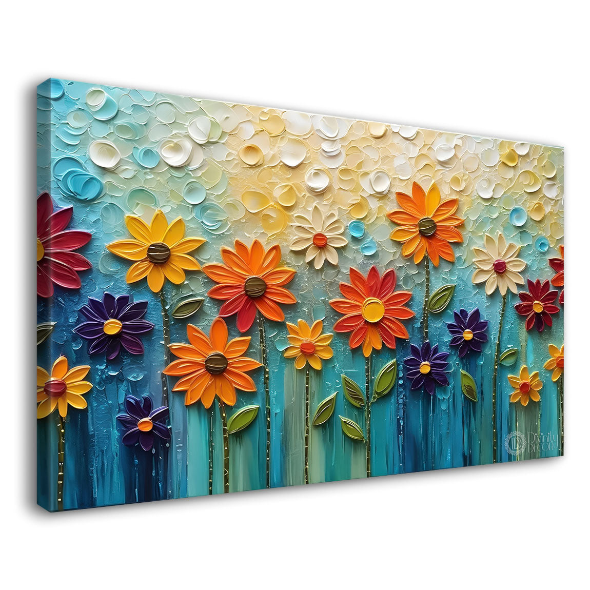 Colorful flowers textured painting with blue background - Design - Flower-4