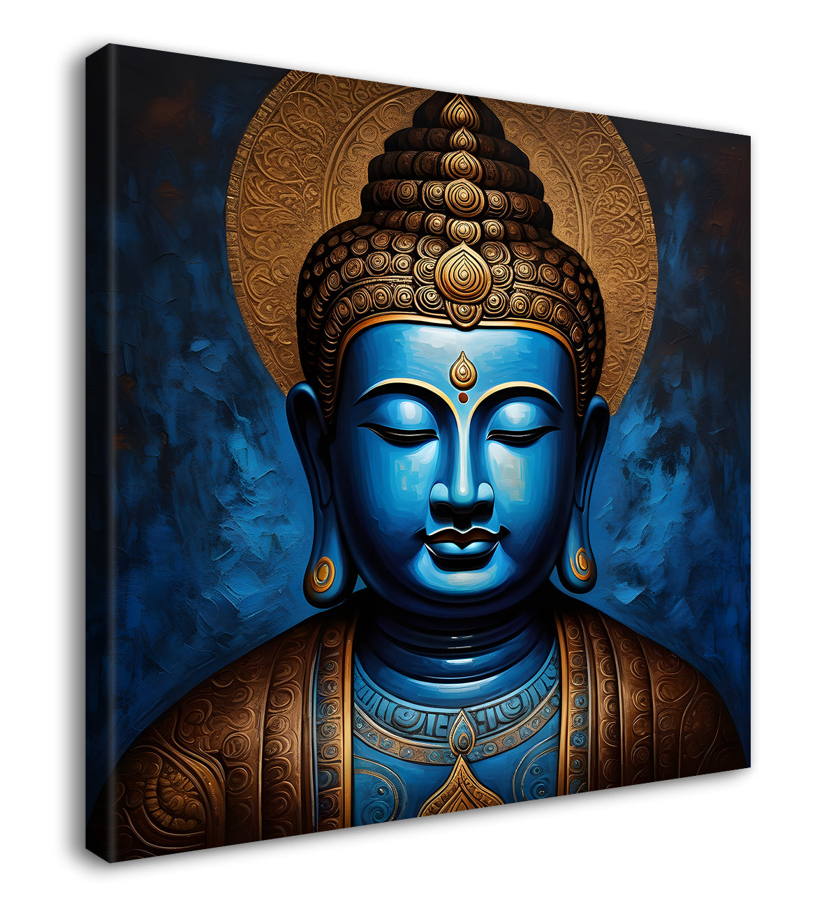 Golden buddha with blue background textured painting 24x24 inch Buddha-S-4