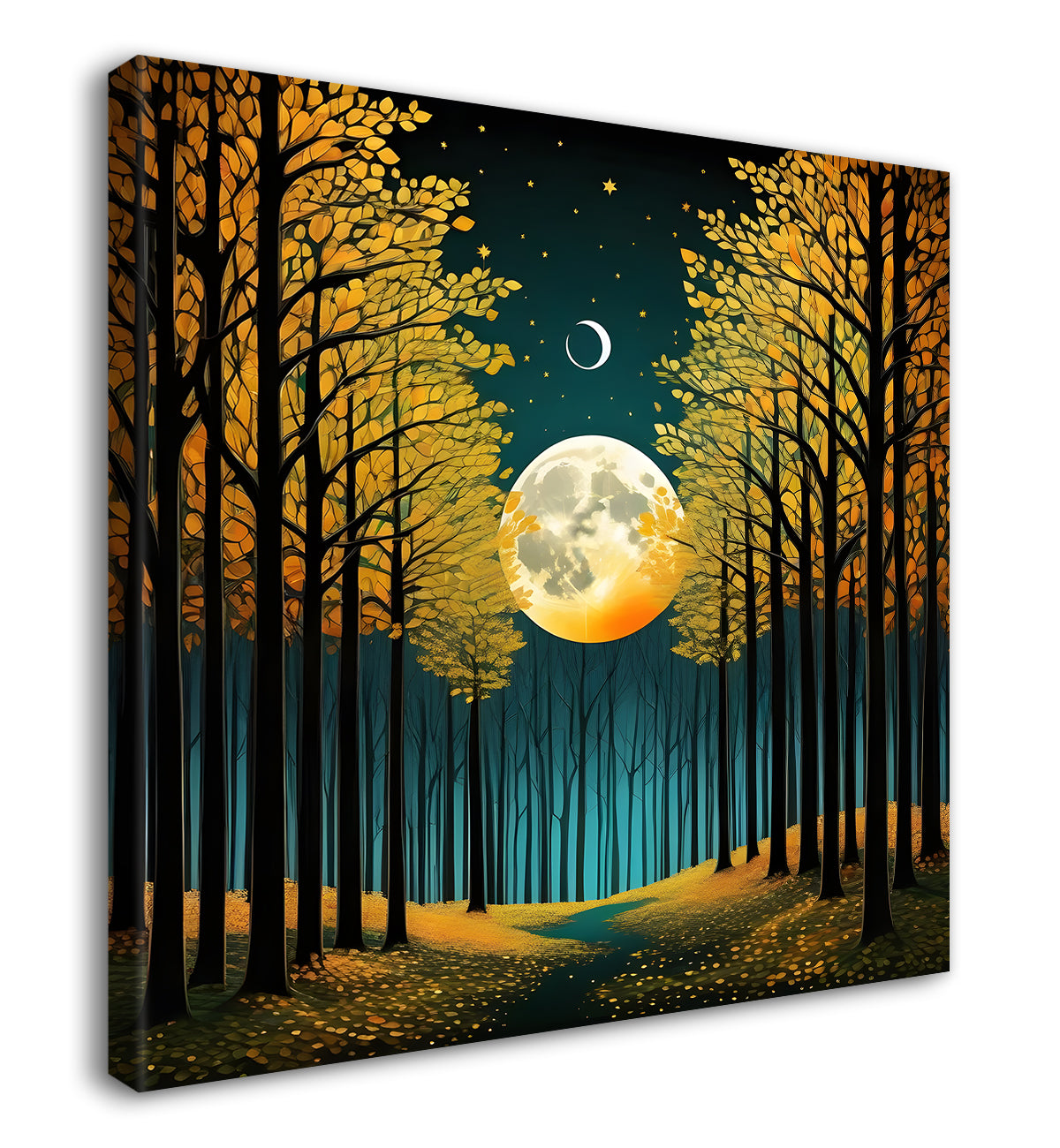 Golden tree with moon in dark green background natural art Canvas Painting 24X24 - Nature Art -S-1
