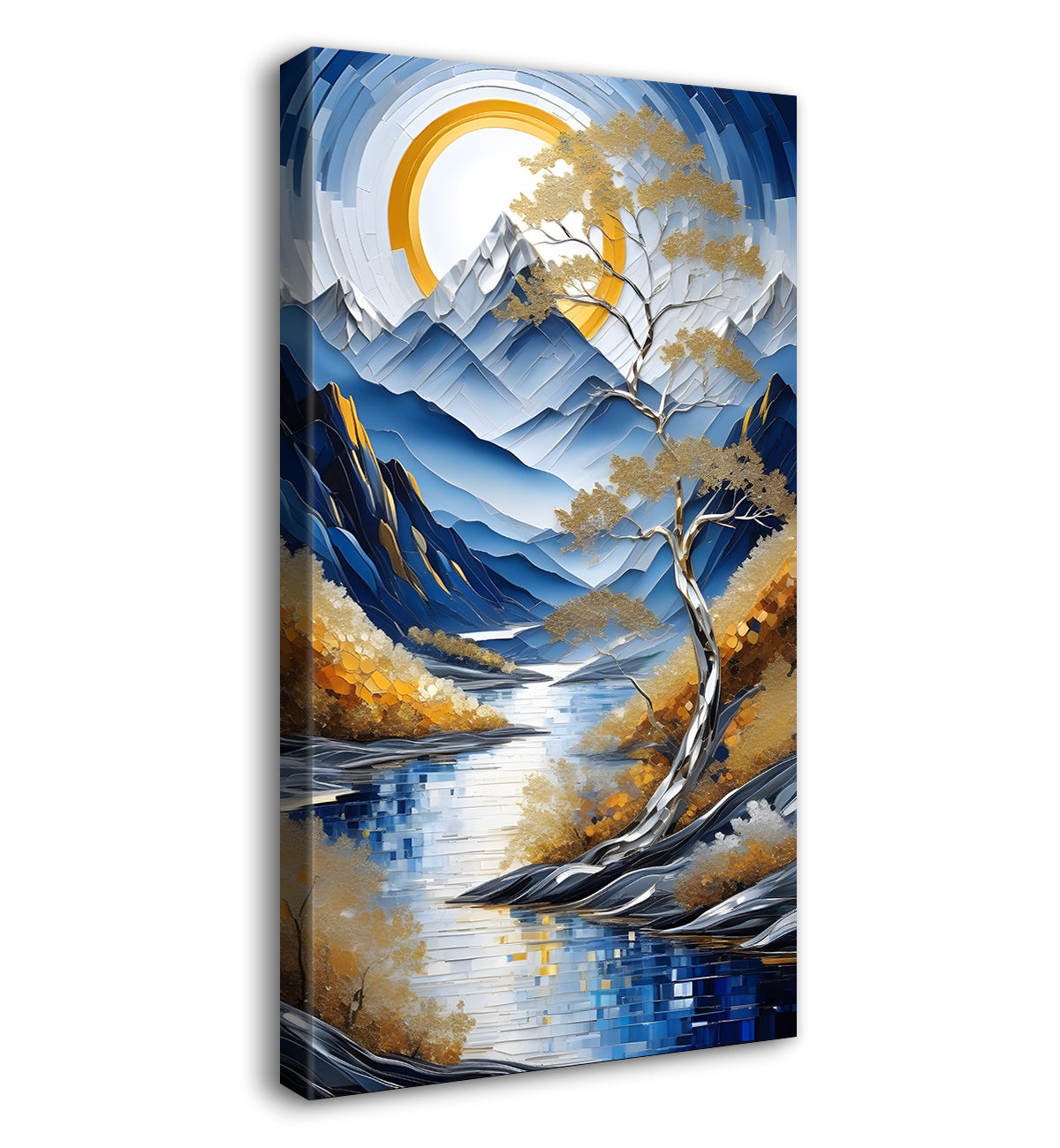 Blue mountains with golden trees and white moon textured nature art Canvas Painting - Nature Art -V-4