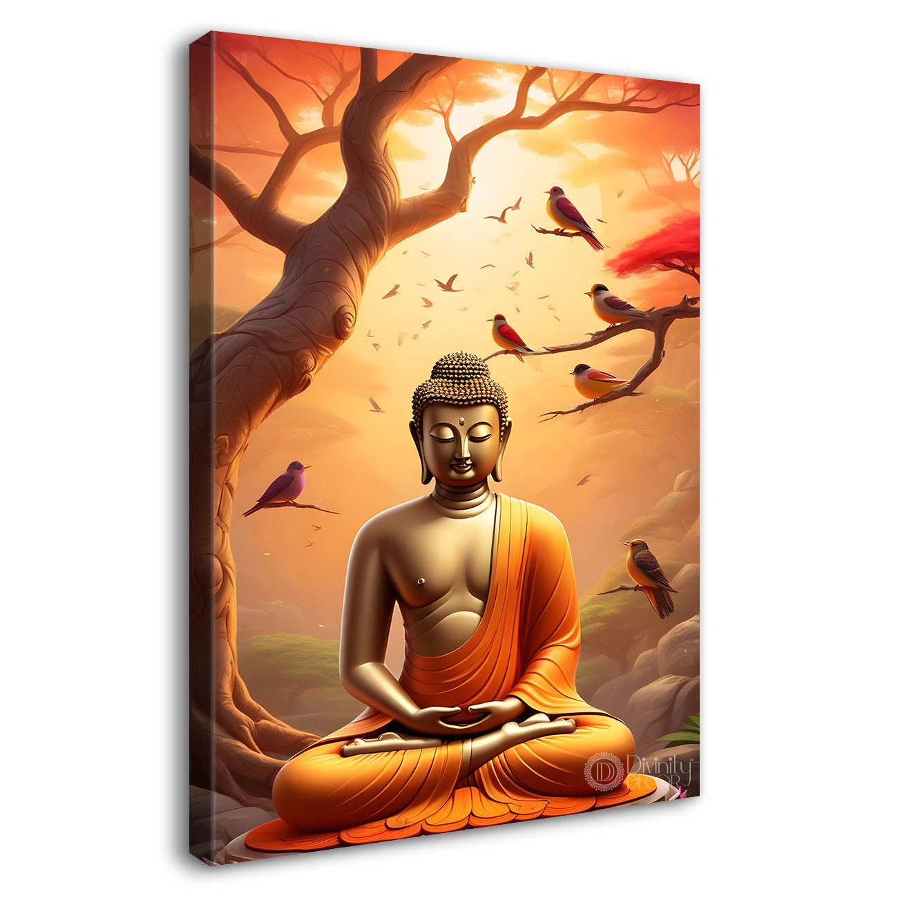 Golden buddha sitting on lotus with trees,peacock and orange background textured painting - Buddha-V-4