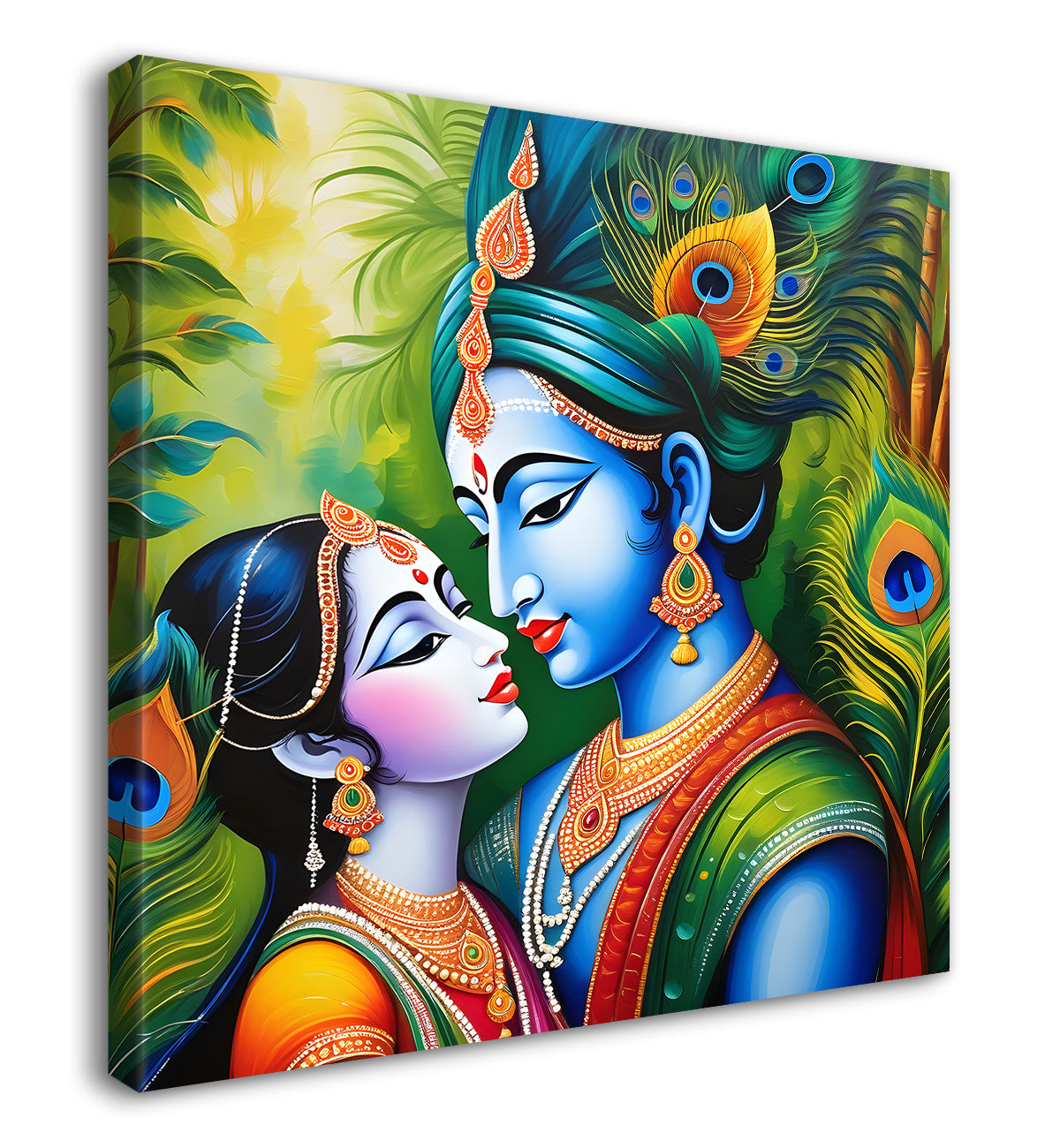 Blue face of krishna with radha in oil painting in green background Canvas Painting 24X24- Design - Krishna-S-4