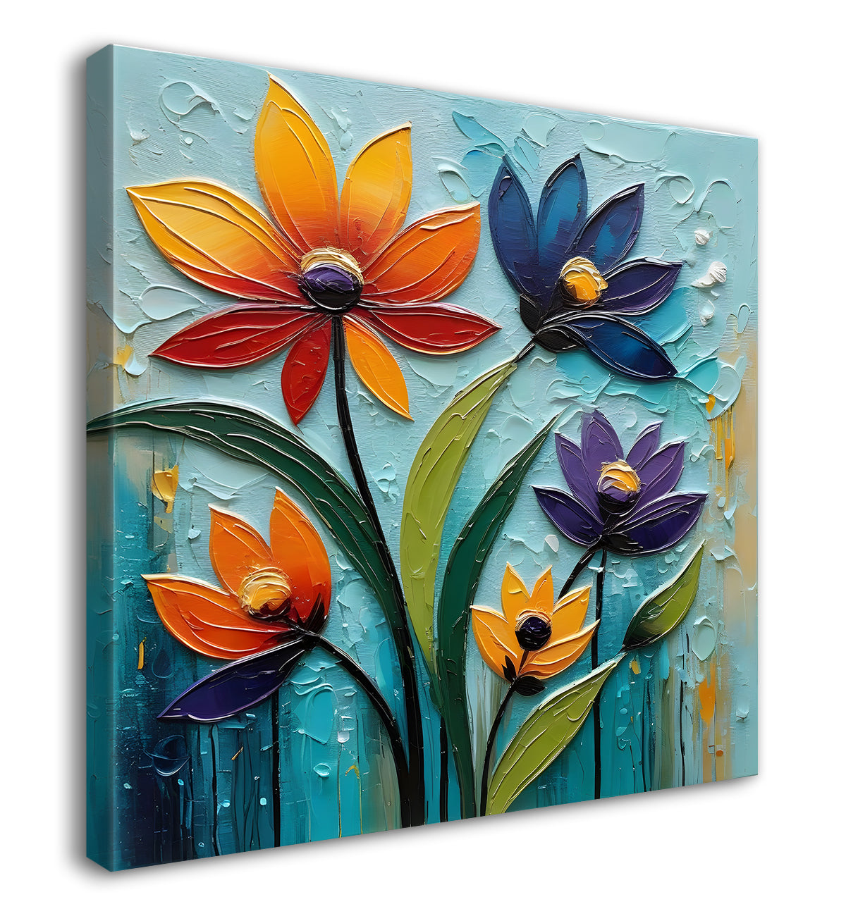 Colourful flowers in blue background textured painting  - Flower-S-4