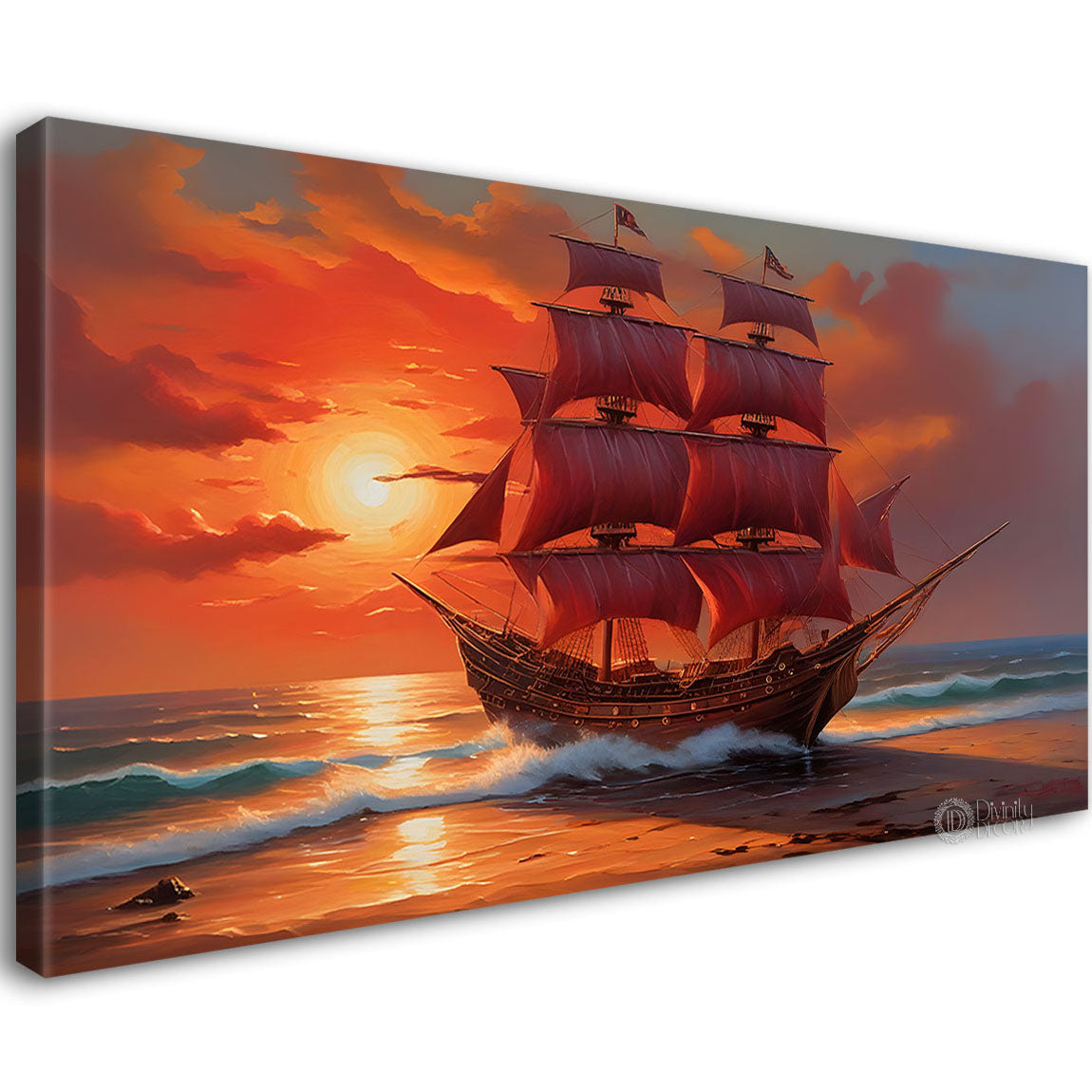Ship with sunrise background in textured modern art canvas painting - Design - River-4
