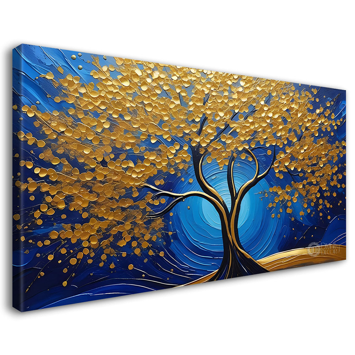 Golden tree in blue background textured modern art Canvas Painting - Design - Tree-4