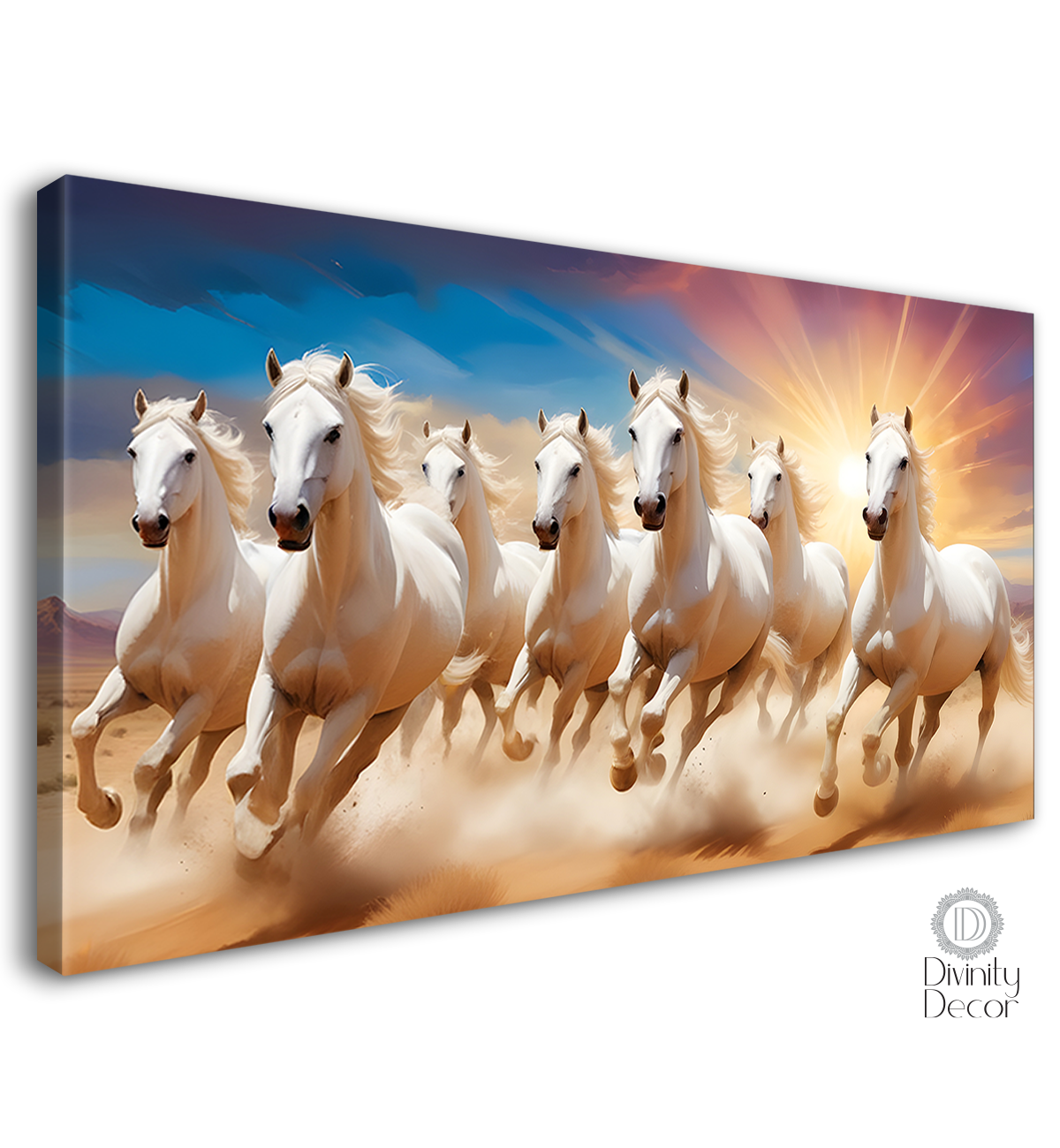 Seven white horses running with sunrise textured background art Canvas Painting - Design - Horse- 5